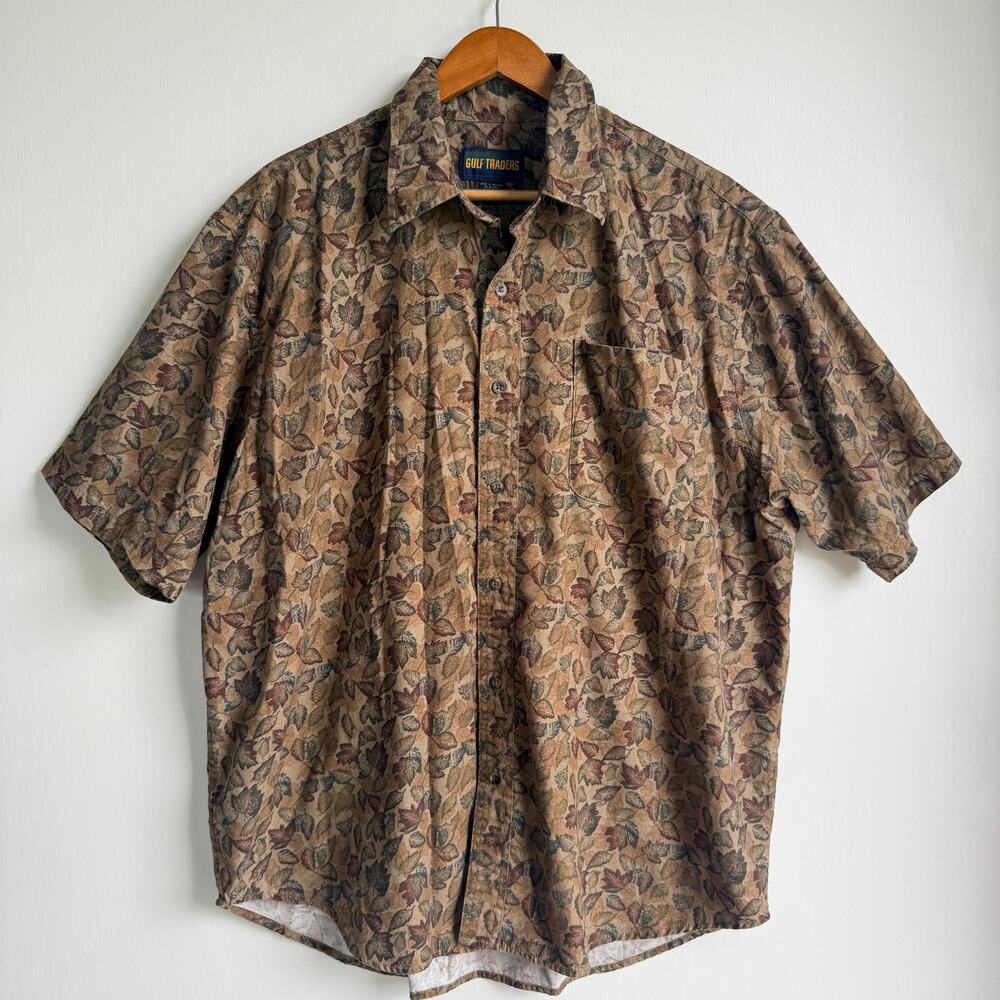 Vintage Gulf Traders Men's XL Leaf Print short Sleeve Cotton Casual Camp Shirt